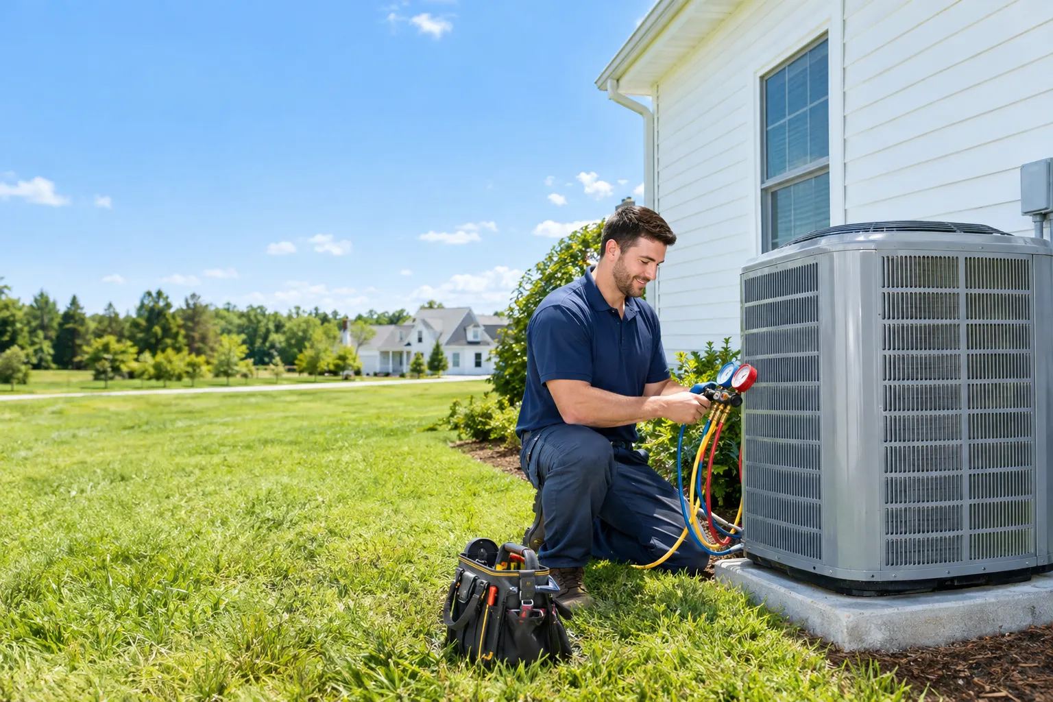 Hurtados technician checking refrigerant pressure on an outdoor AC condenser